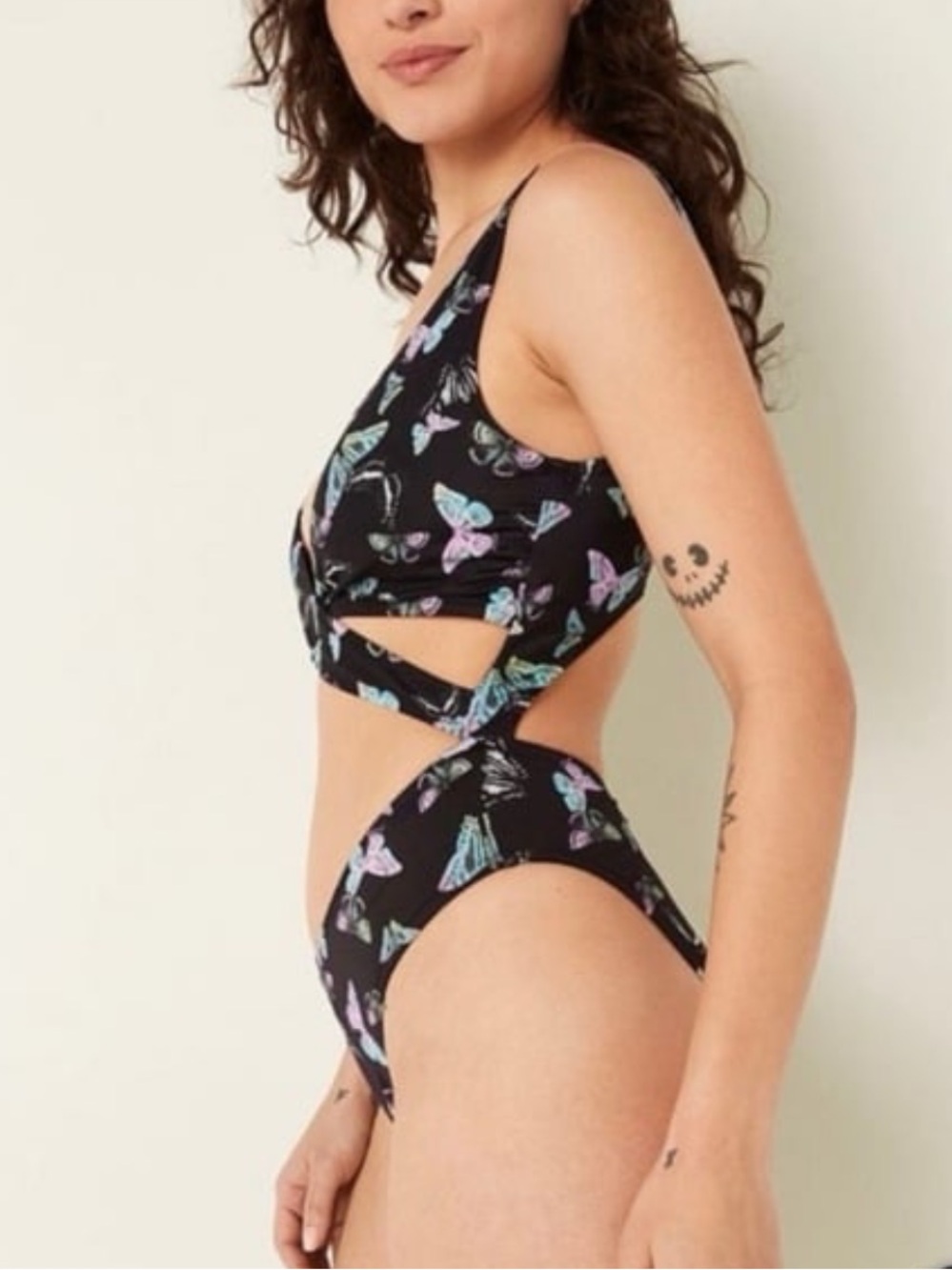 PINK Victoria's Secret Black Wrap One-Piece with Pastel Butterfly Print | Small